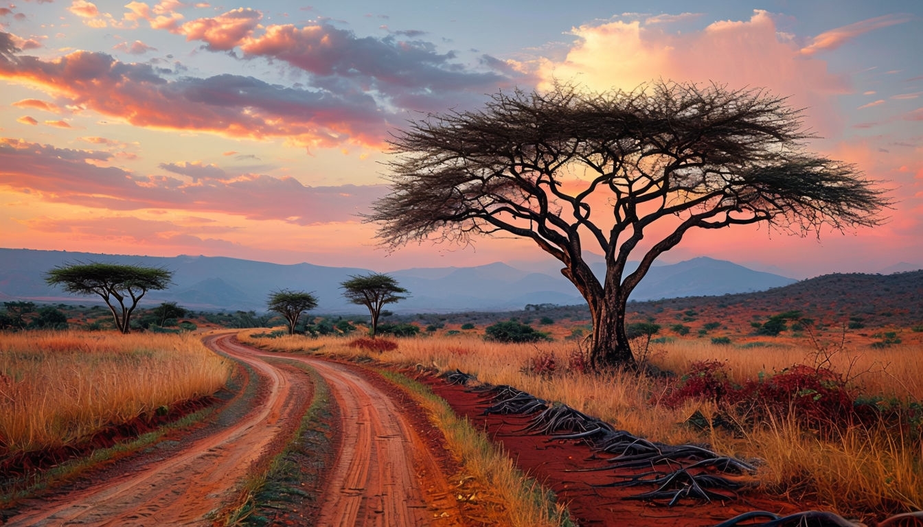 Serene African Landscape with Winding Road and Acacia Tree Virtual Backgrounds