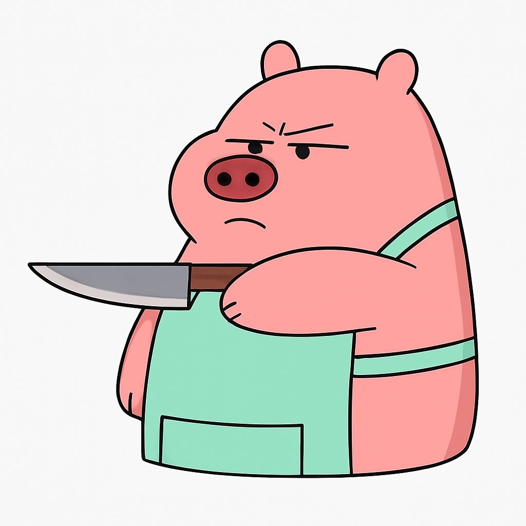Angry Pink Pig Holding Knife Cartoon Illustration Sticker