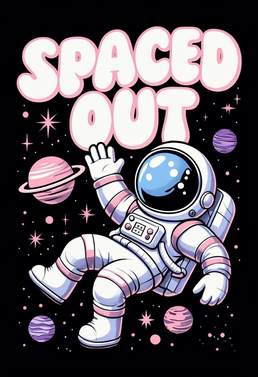 Playful Cartoon Astronaut in Space with Spaced Out Text Poster