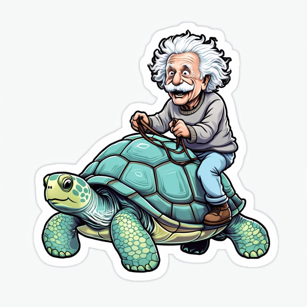 Humorous Cartoon Einstein Riding a Turtle Sticker