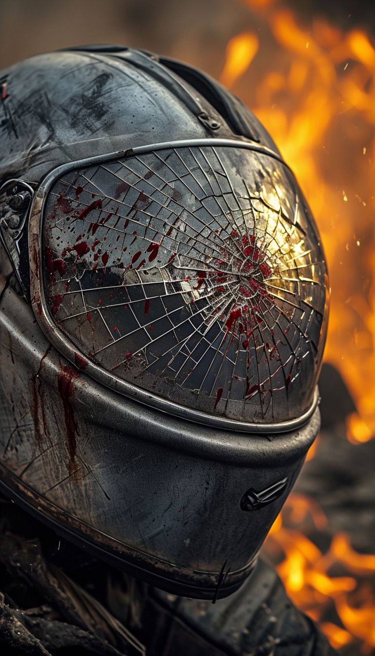 Dramatic Close-Up of a Damaged Motorcycle Helmet Mobile Wallpaper