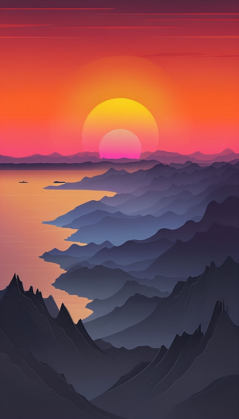 Serene Coastal Sunset Landscape Vector Art Mobile Wallpaper