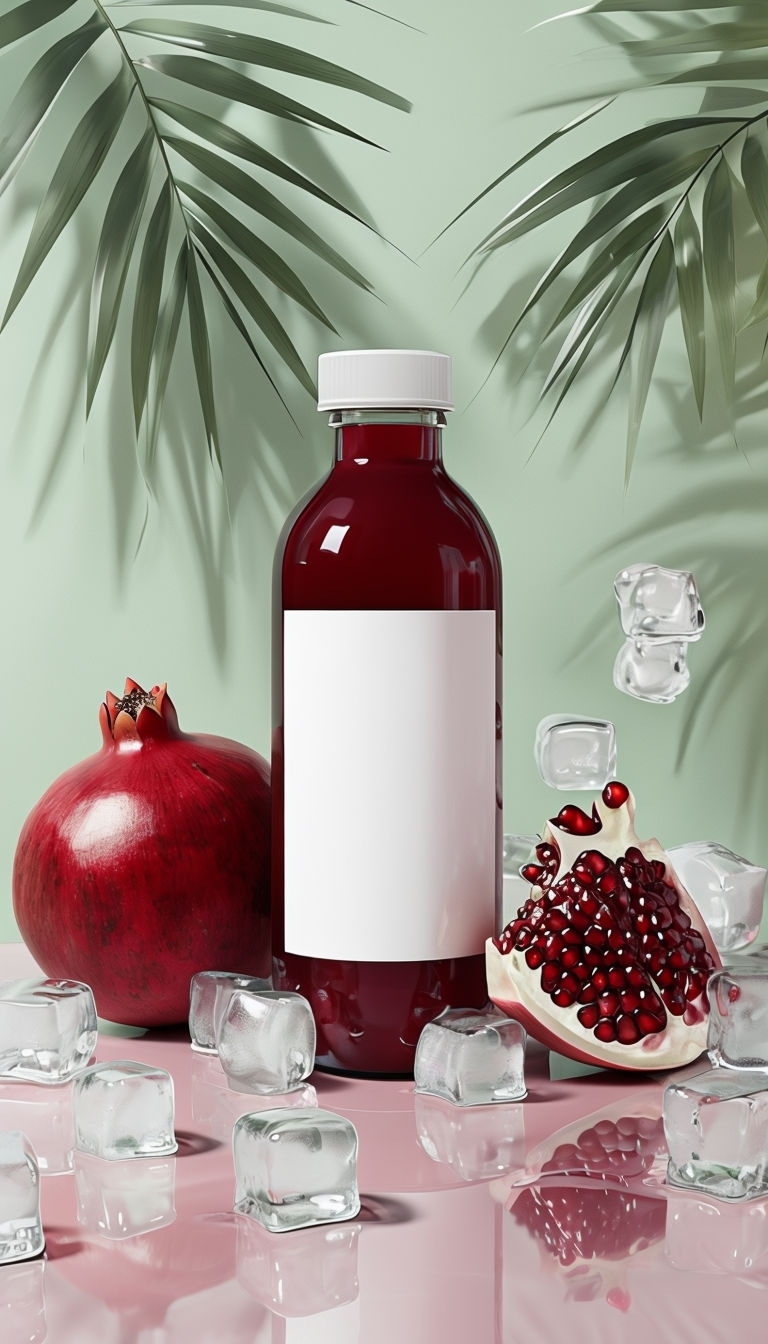 Modern 3D Still Life of Red Bottle and Pomegranate Mockup