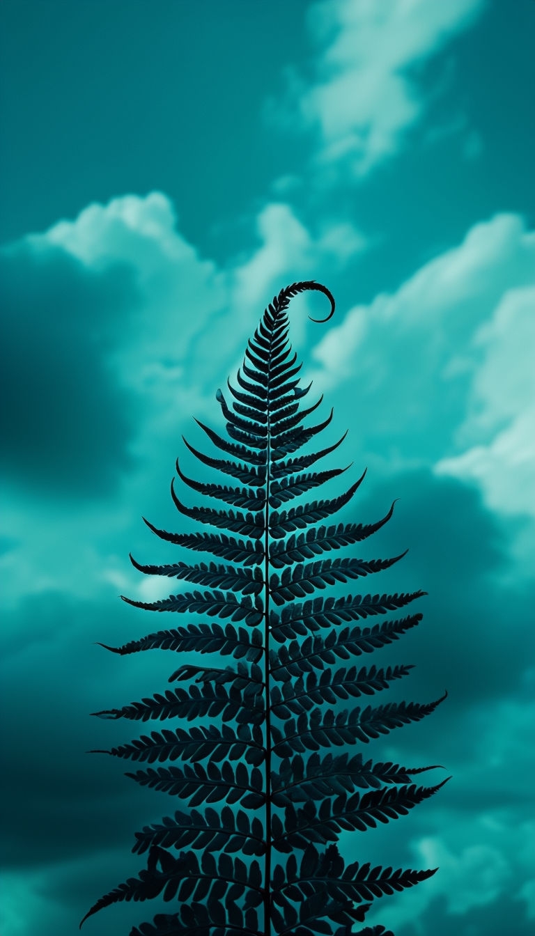 Symmetrical Dark Fern Frond Against Teal Sky Mobile Wallpaper