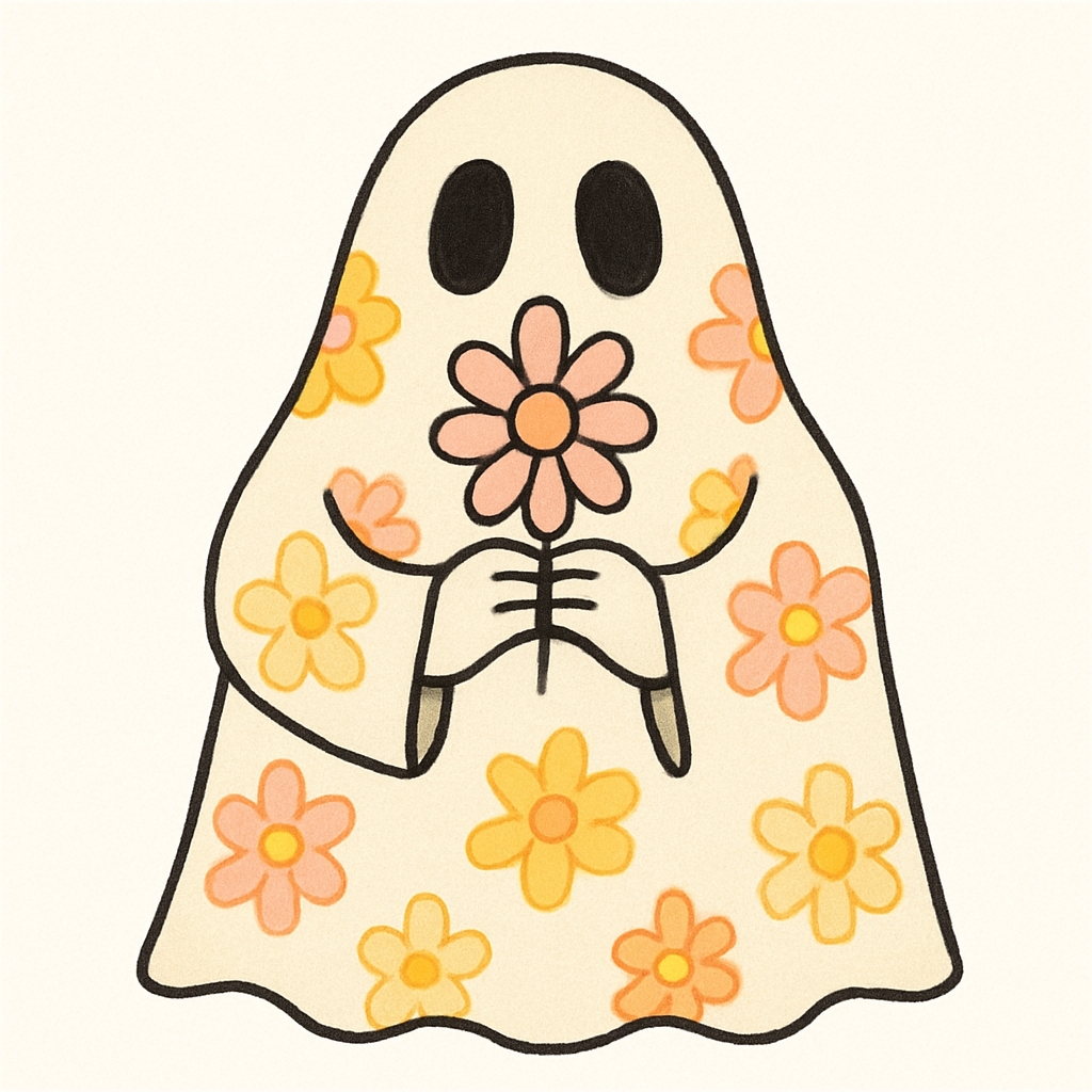Whimsical Ghost Illustration with Retro Daisy Flowers Sticker