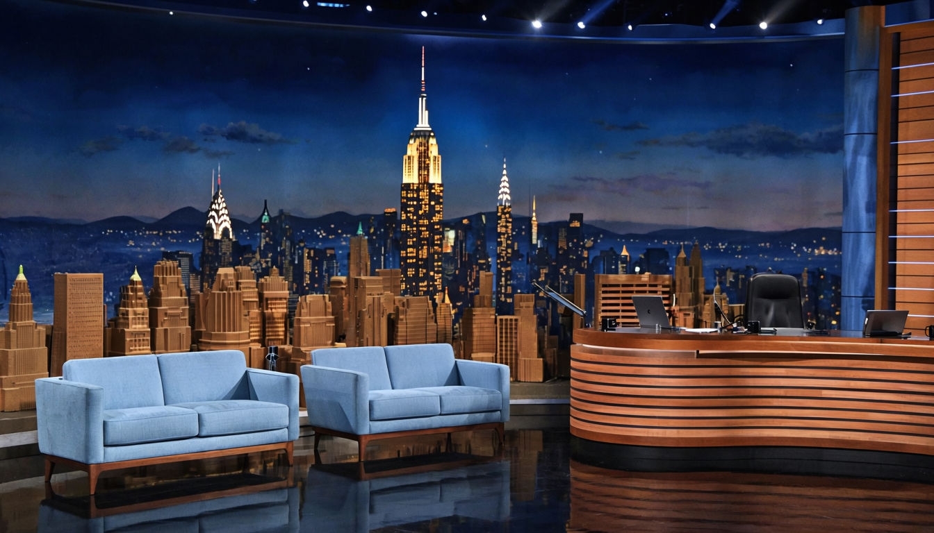 Contemporary Television Studio Set with New York City Skyline Art background