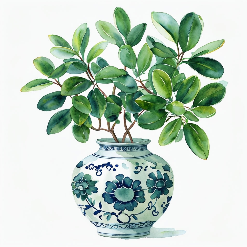 Lush Watercolor Plant in Decorative Ceramic Vase Sticker