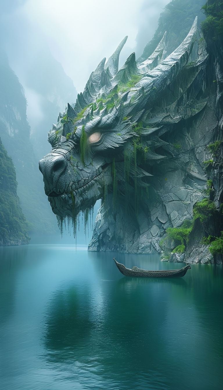 Majestic Dragon Head Over Misty Lake in Rugged Mountains Mobile Wallpaper