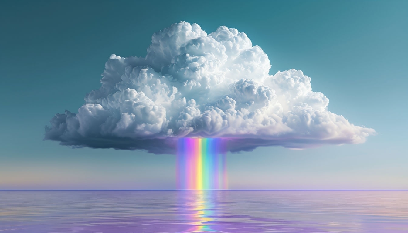 Serene Seascape with Fluffy Cloud and Vibrant Rainbow Virtual Backgrounds