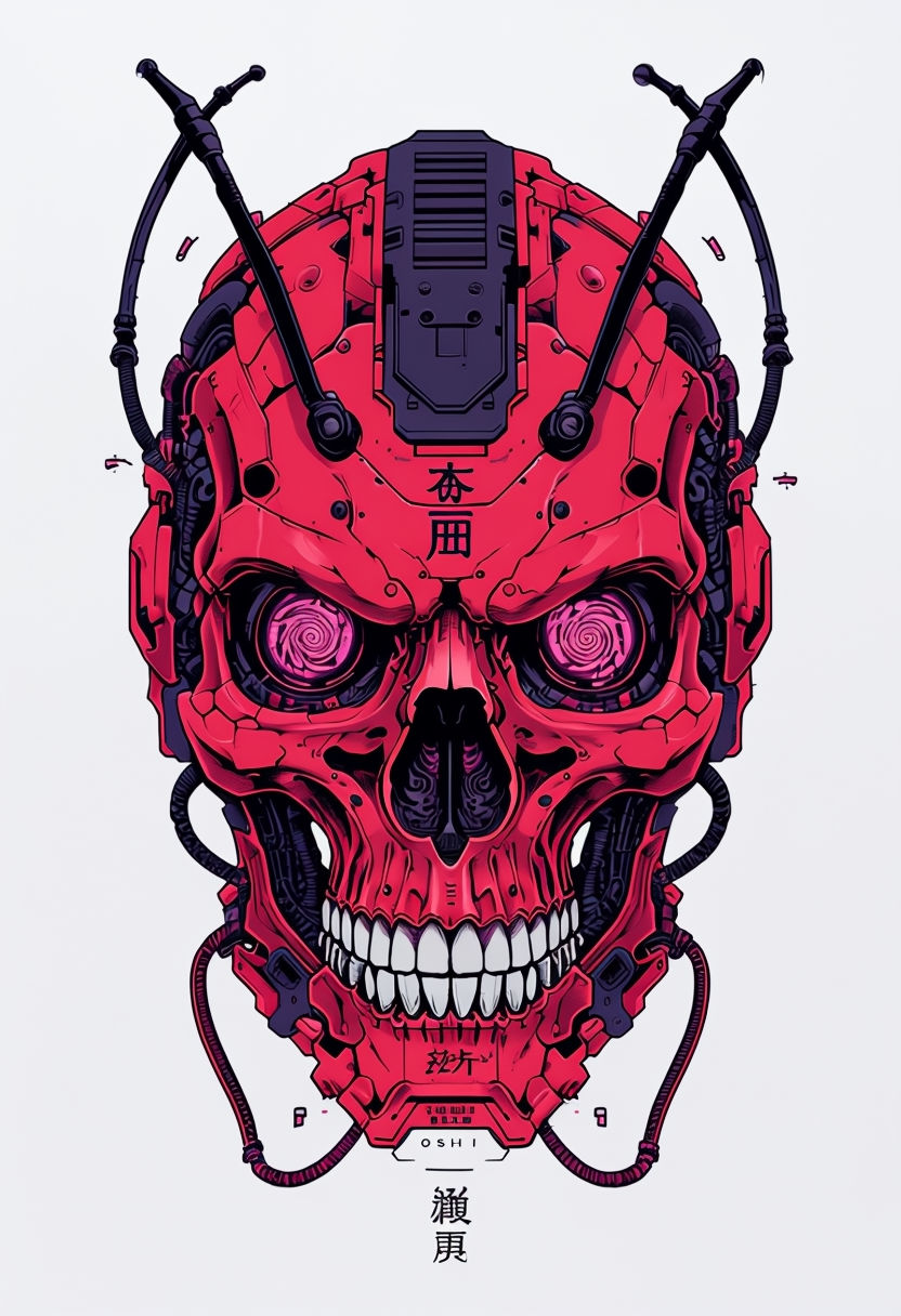 Scarlet Cybernetic Skull Illustration with Glowing Eyes Art