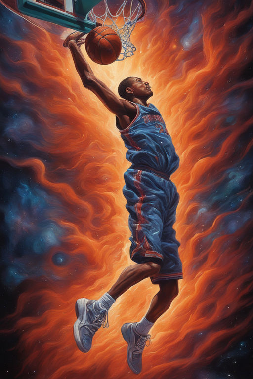 “An expressive oil painting of a basketball player dunking by Xalkida ...