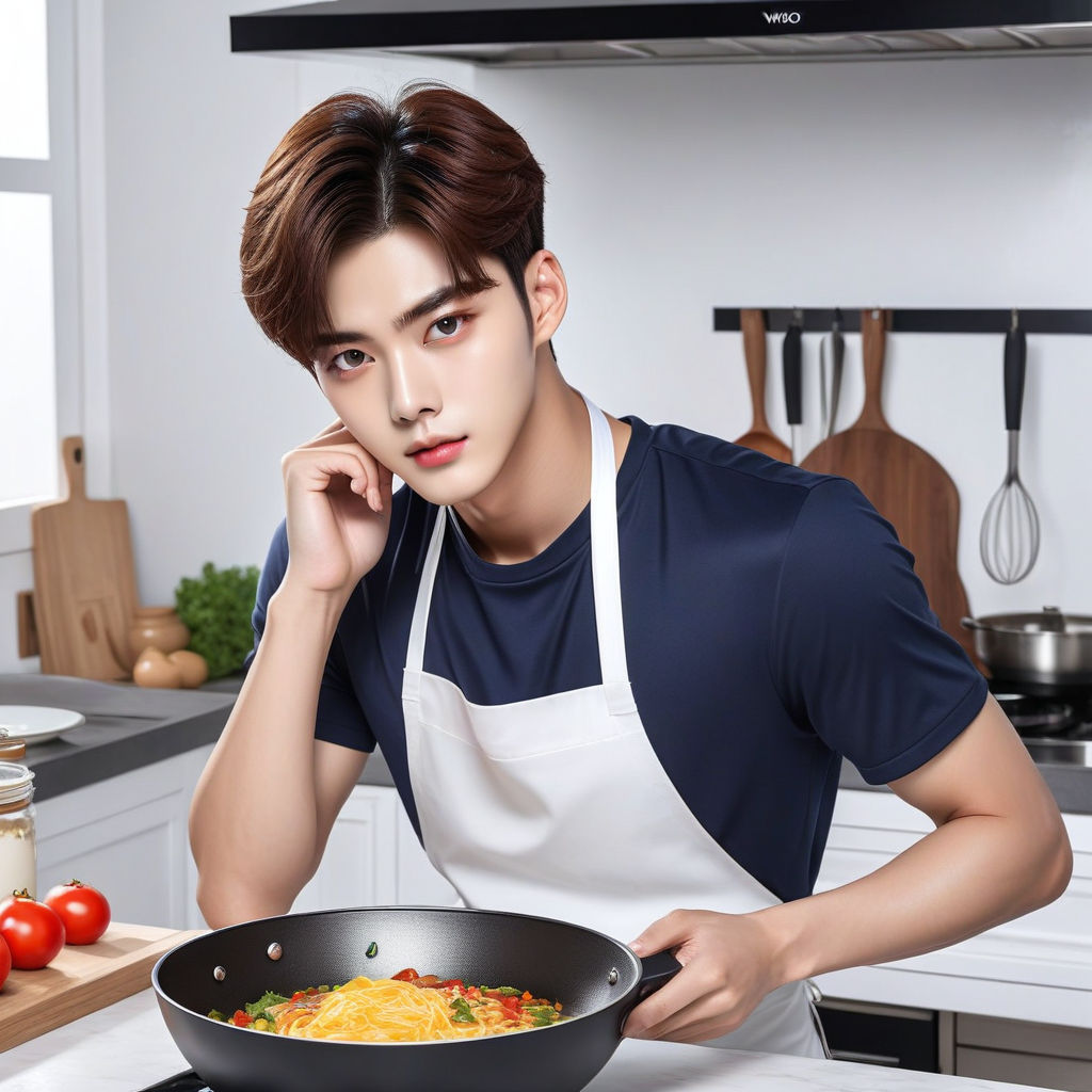 A cute boy is cooking Chinese egg fried rice