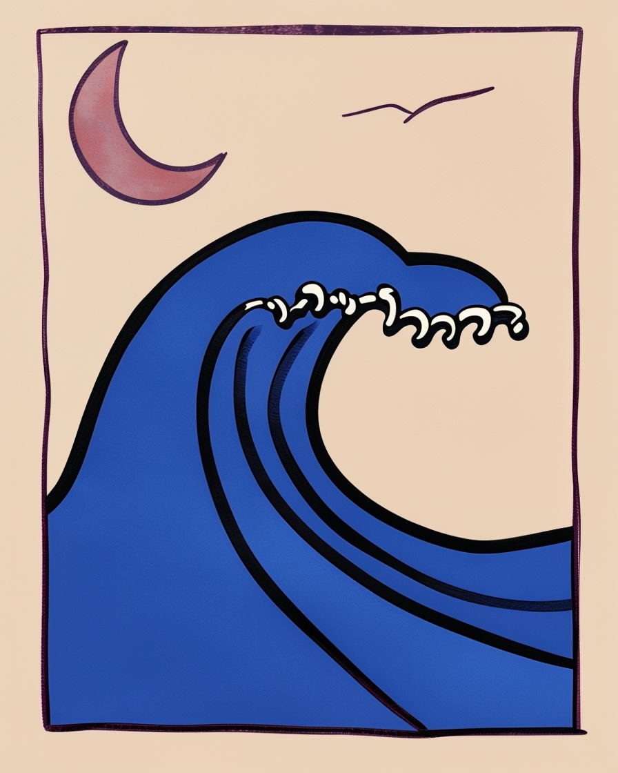Stylized Sapphire Wave and Crescent Moon T-Shirt
