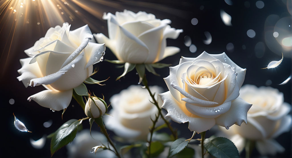 Prompt: Several white roses with thin translucent petals fall from the sky, swirl in the air, glare of the sun on the petals, silver sparks in the air, dynamic lighting, mystical accent light from (upper right corner), tenderness, purity, (saturation,) light leaks, on dark background, bokeh, macro photography by Miki Asai, close-up, aesthetics, very inspiring, arthouse, hyper-detailed, artstation trends, sharp focus, high detail, HD, photorealism, shot on Phase ONE XF IQ4
