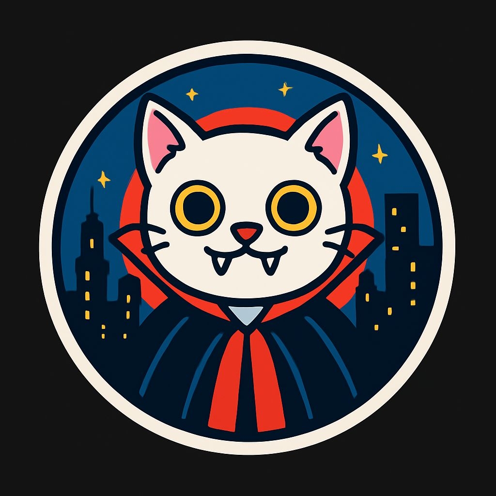 Playful Vampire Cat Illustration with Cityscape Background Sticker