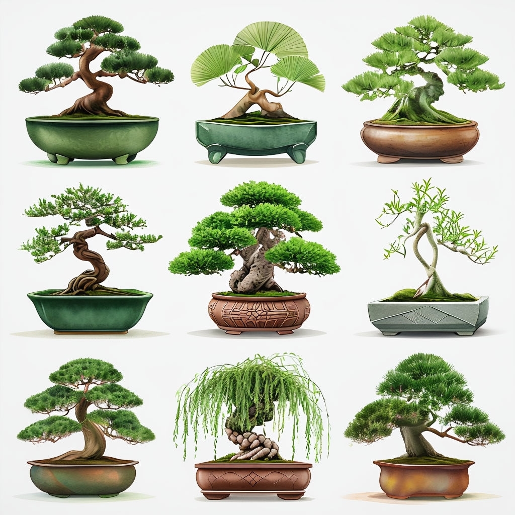 Colorful Bonsai Trees Watercolor Seamless Pattern Design