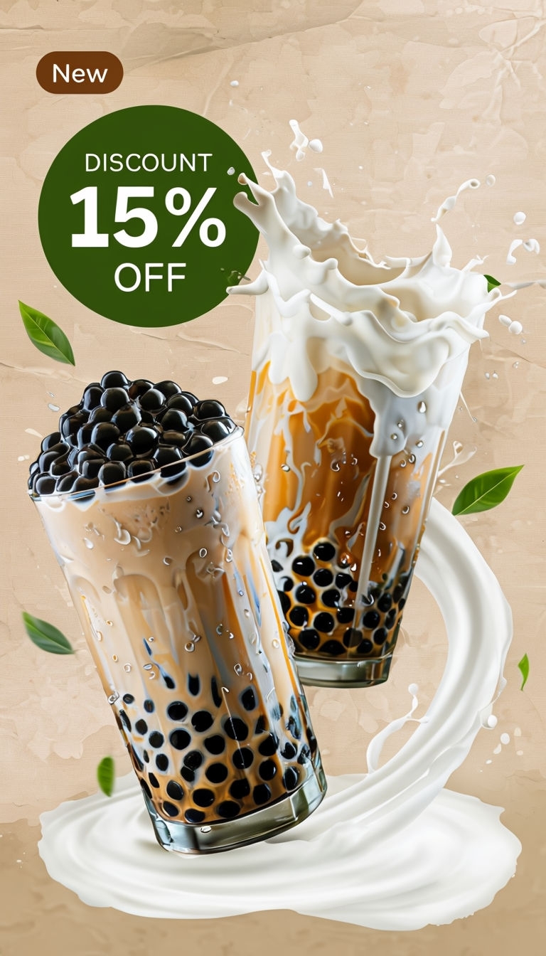 Refreshing Boba Milk Ice Tea Promotion with 15% Off Discount Ads