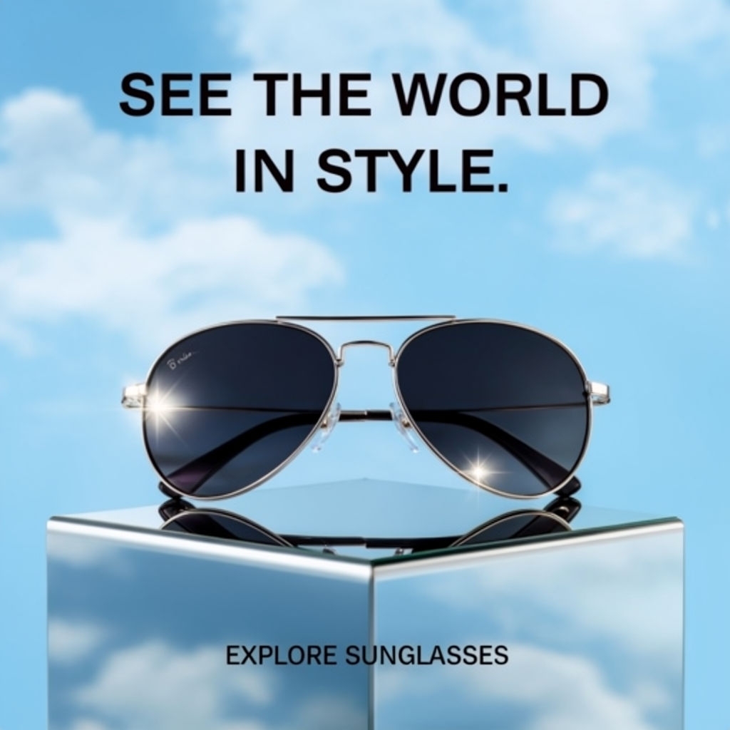 Sleek Silver Aviator Sunglasses with Reflective Background Ad