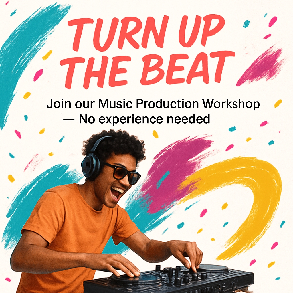 Energetic DJ at Music Production Workshop Promotional Poster Ads