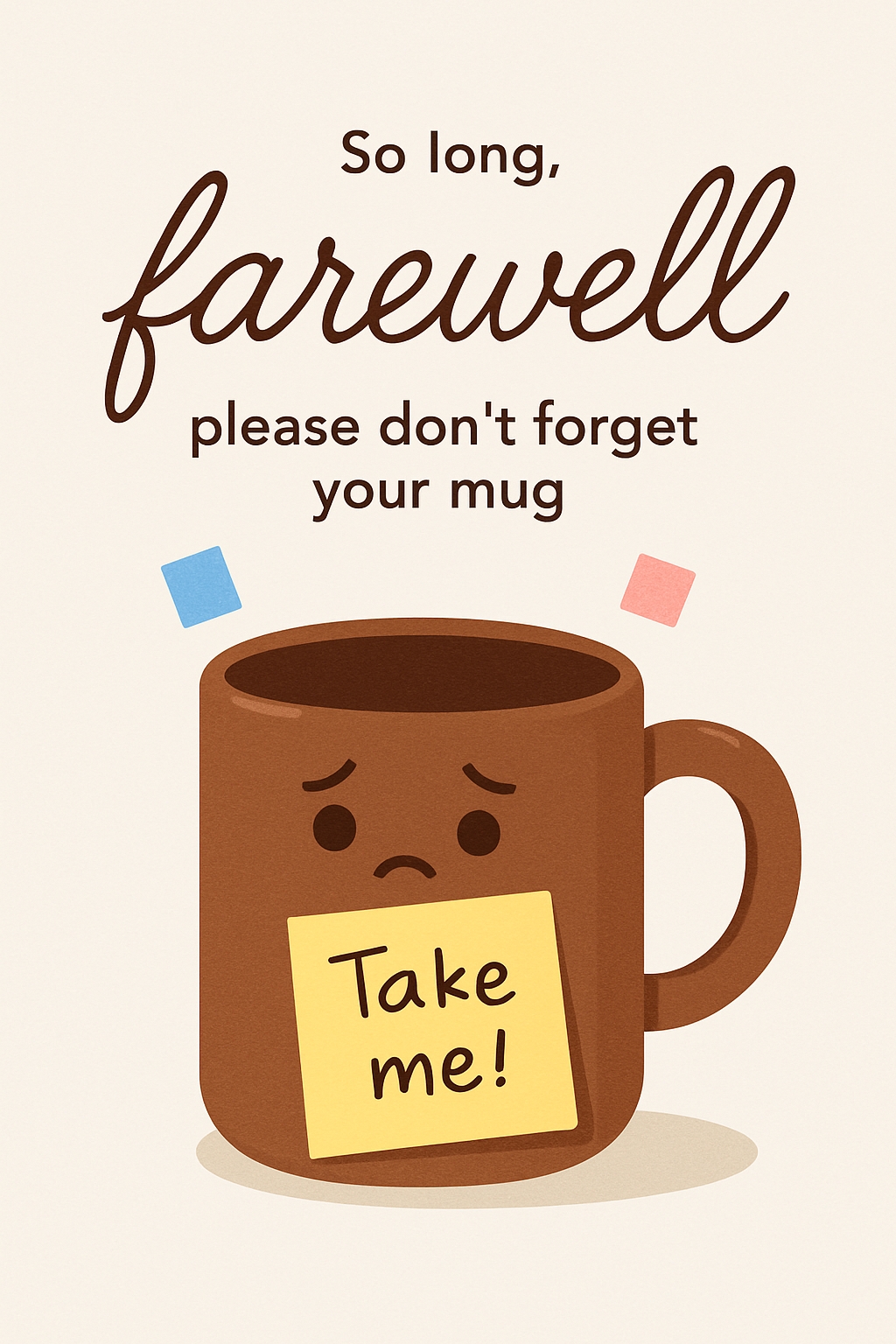 Whimsical Sad Mug Farewell Illustration for Greeting Card Invite