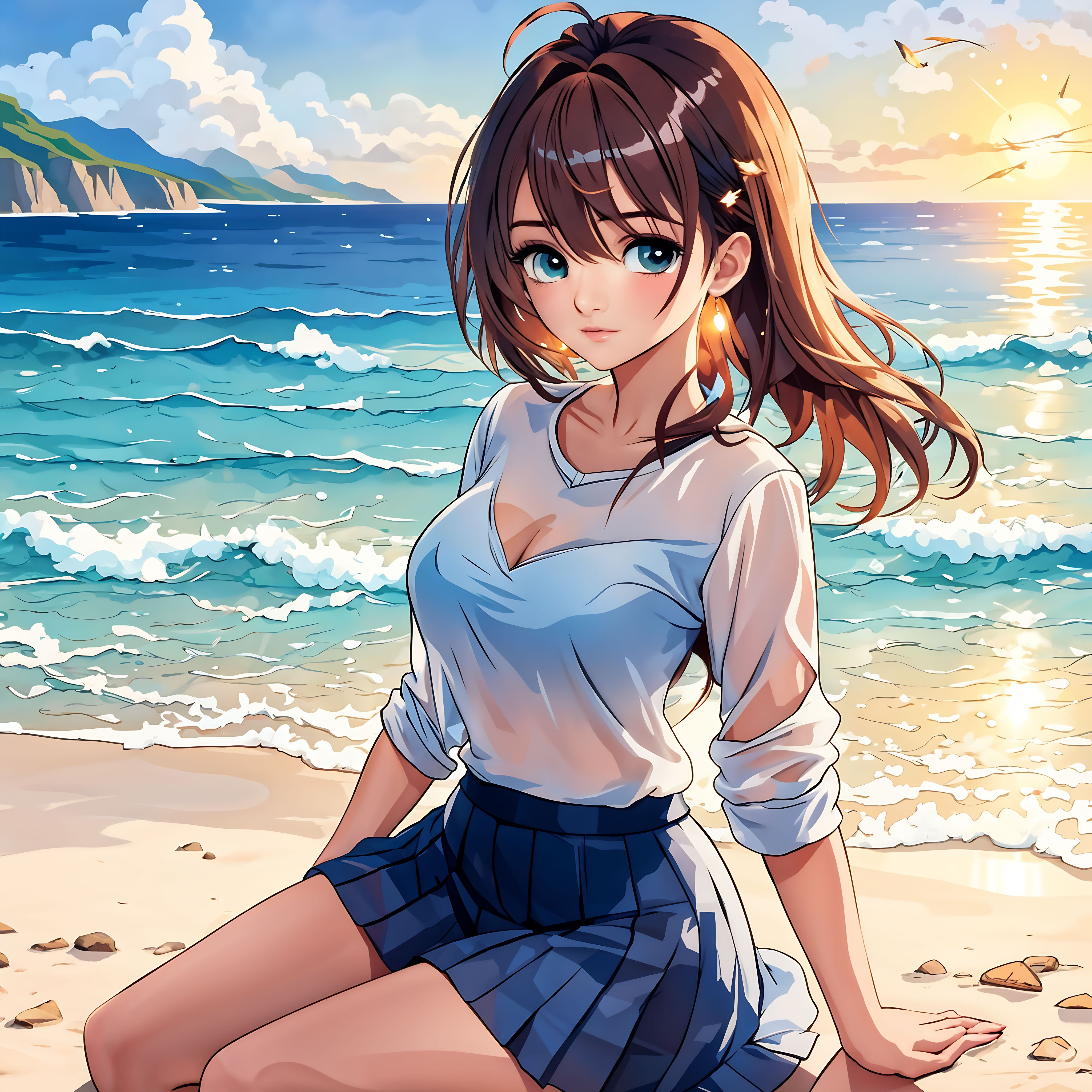 anime woman wearing black tight booty shorts and white string top shirt at  the beach detailed beautiful booty cheeks 4k detailed quality manga comic  movie scene Japanese Cartoon Art Styles Conceptual character