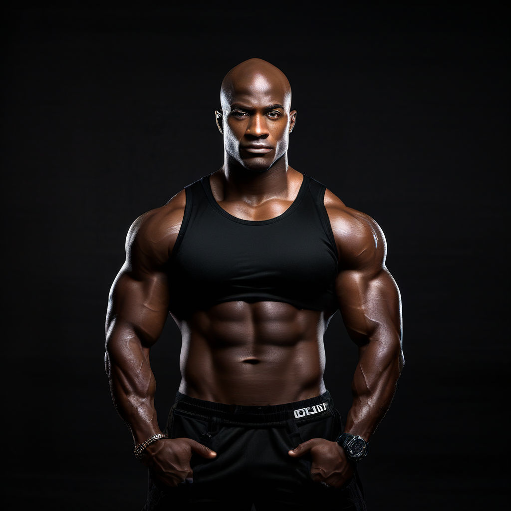 Handsome bald bodybuilder macho hyper masculine virile muscular very dark  skin black African nubian man