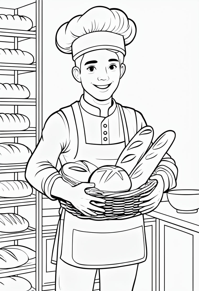 Cheerful Male Baker with Bread Basket Coloring Book Page