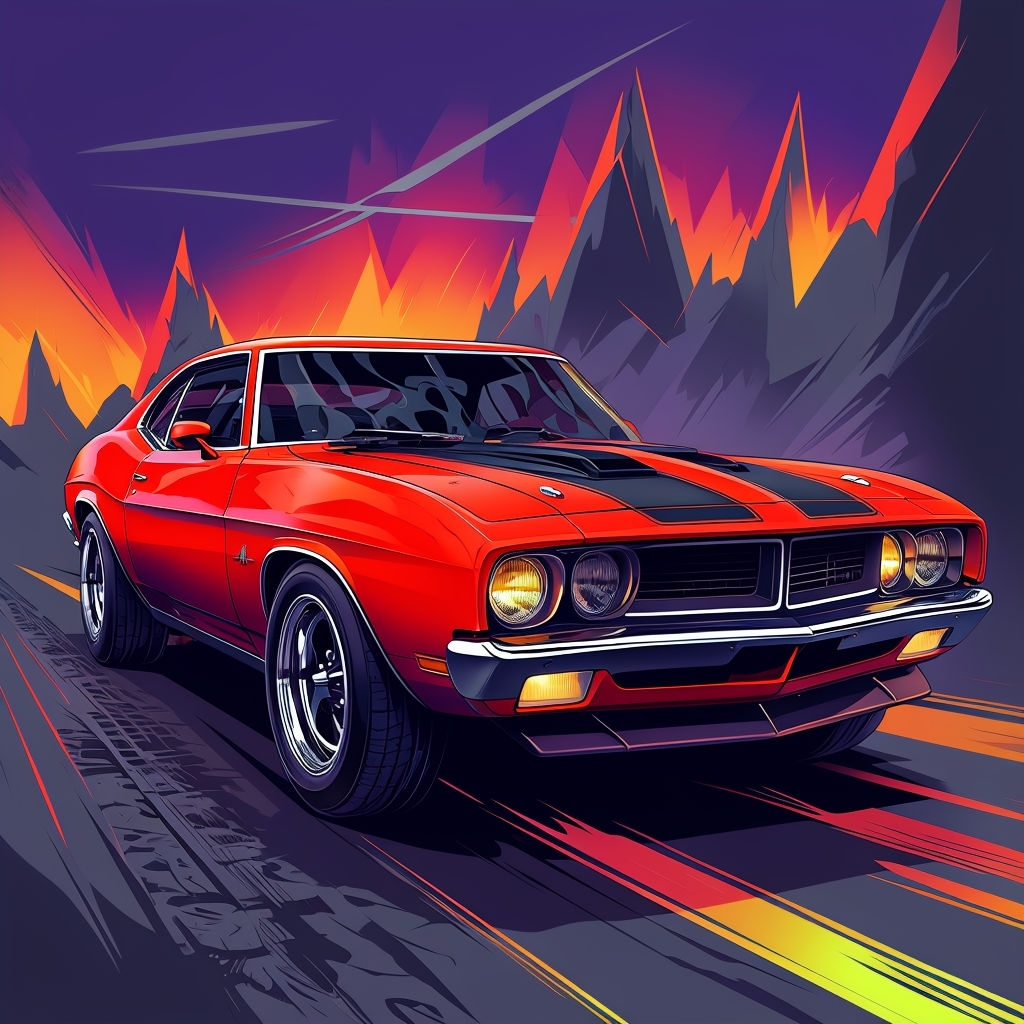 Powerful Red Vintage Muscle Car Dynamic Artwork T-Shirt