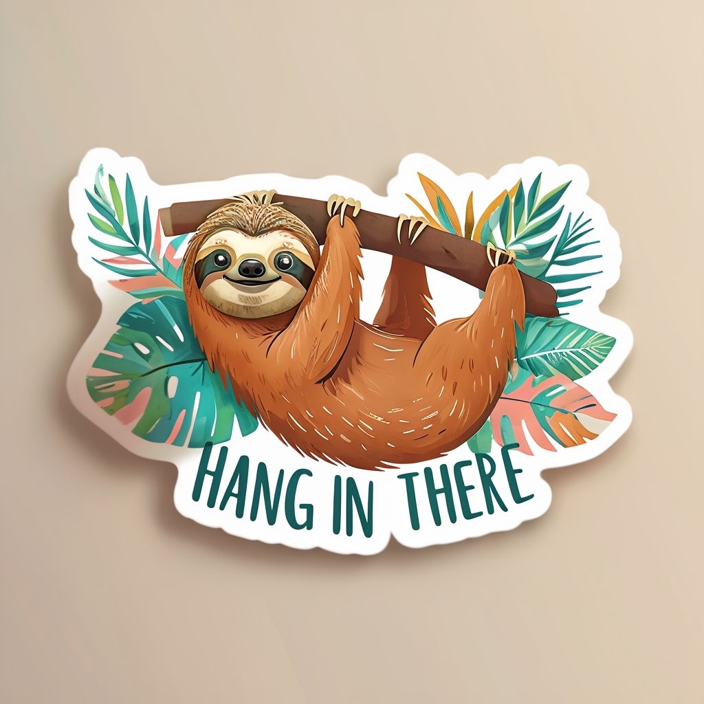 Playful Cartoon Sloth Hanging from Branch Sticker