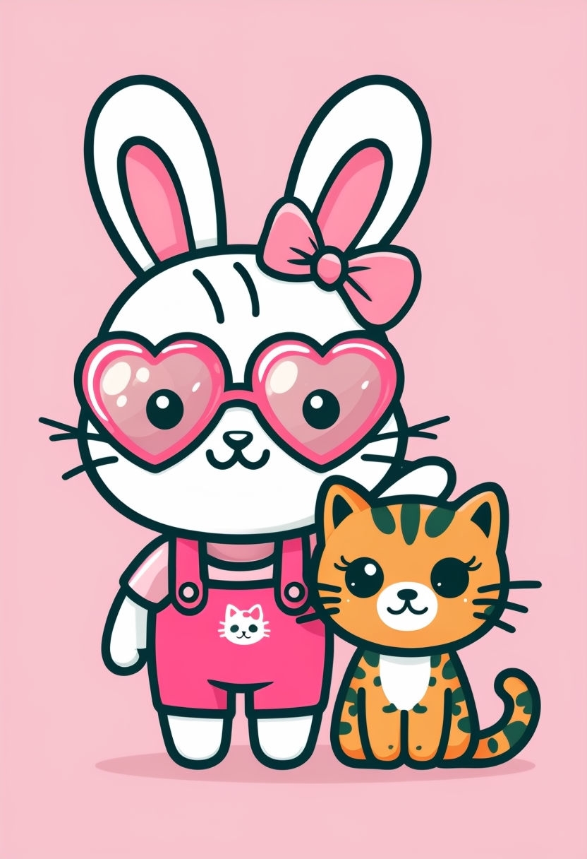 Cute Bunny and Cat Cartoon Characters Illustration Sticker