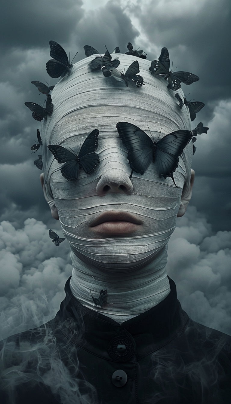 Eerie Surreal Face Wrapped in Fabric with Butterflies Mobile Wallpaper