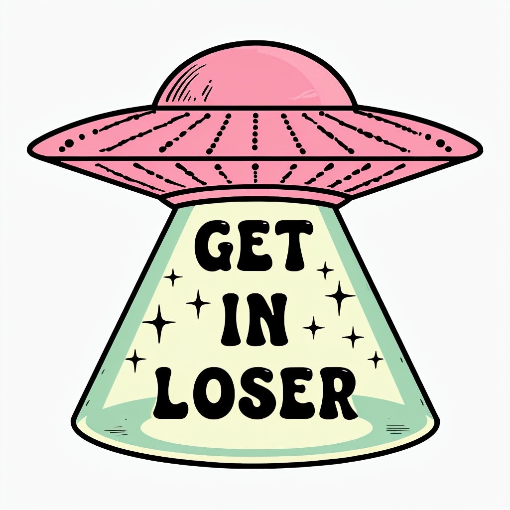 Playful Cartoon Pink UFO Sticker with 'Get In Loser' Text