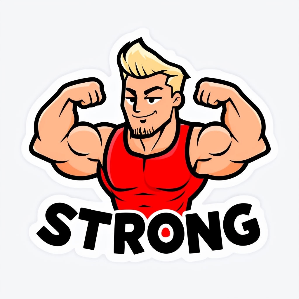 Muscular Cartoon Character with STRONG Text Sticker