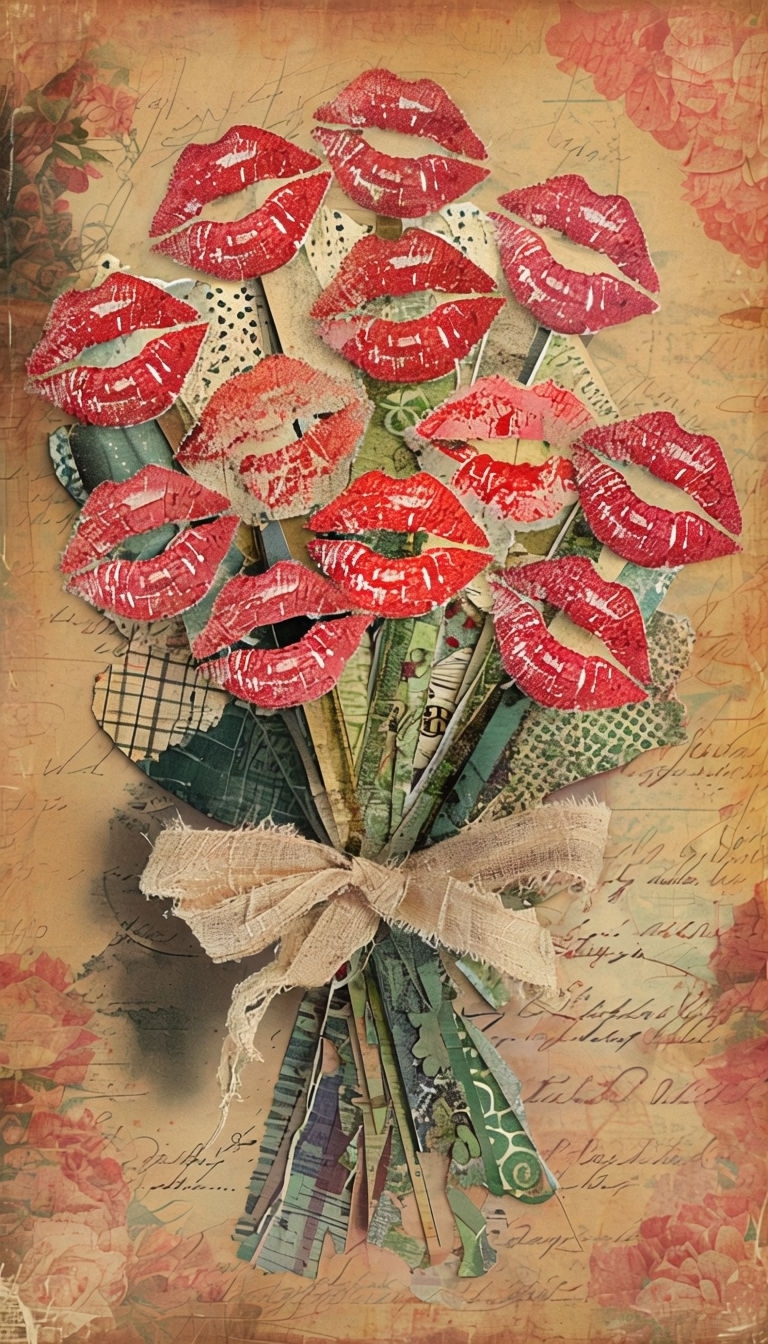 Vintage Red Lipstick Kiss Bouquet Digital Art Collage