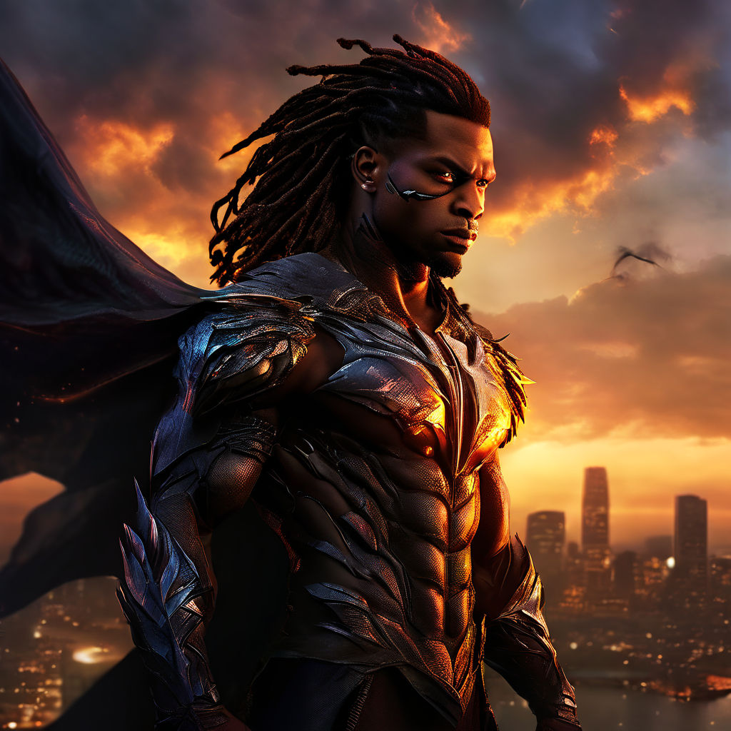 Black super man with dreadlocks and laser eyes no shirt on and tattoos  flying in the sky