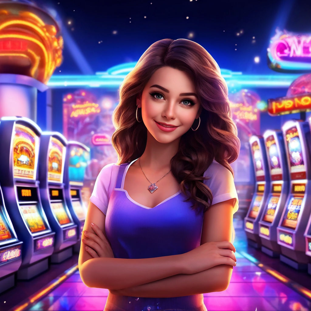 Girl animated in the style of a charming casino mascot, bearing a warm smile, standing next to a glittering array of mock online slot machines, vibrant with colorful lights and exaggerated symbols which invite playing, soft-edged lighting creates a warm and inviting ambiance for this digital render, neon signs, sparkling surfaces, reflection of lights on polished floors, gaming elements, ultra-realistic textures.