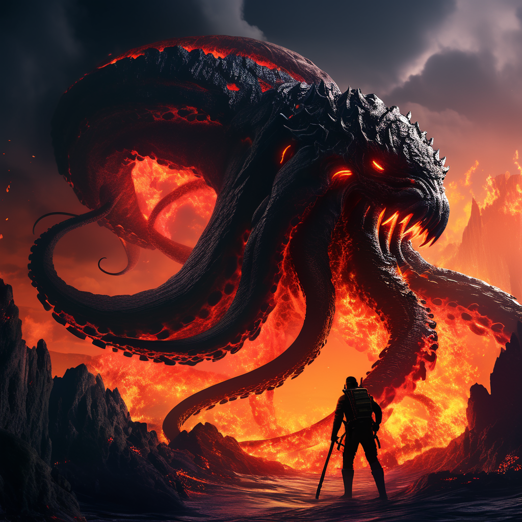 A black Kraken pulling a guy into lava with his tentacles. by Nate ...