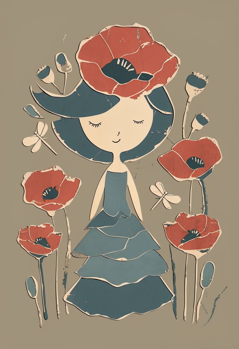 Stylized Girl with Poppy Flowers in Flat Design T-Shirt