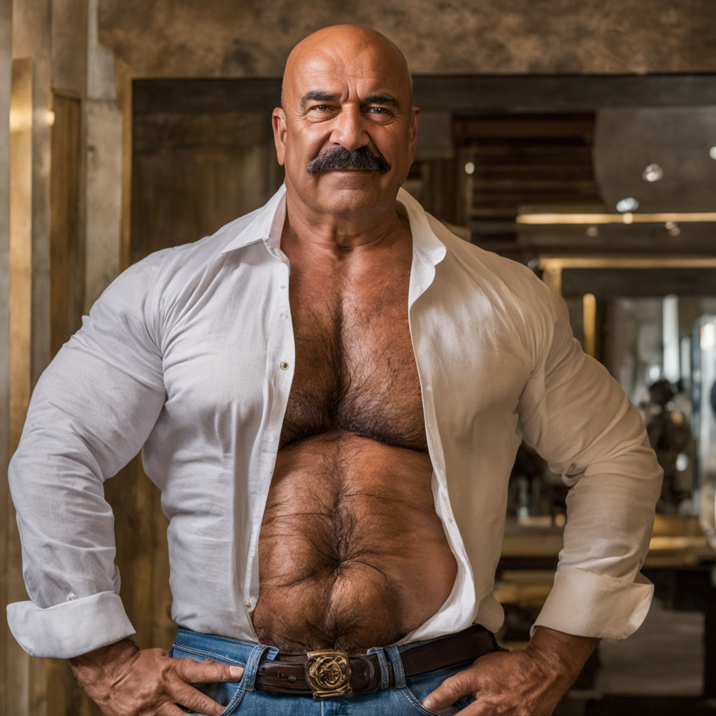 imagine prompt: 55 years old Indian Moustache man without vest with Good  shape chest