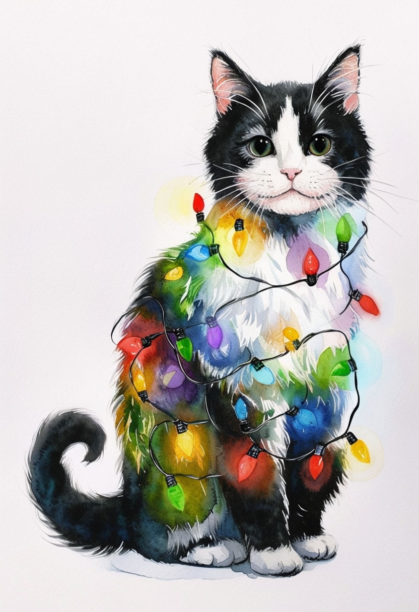 Festive Watercolor Cat with Christmas Lights T-Shirt