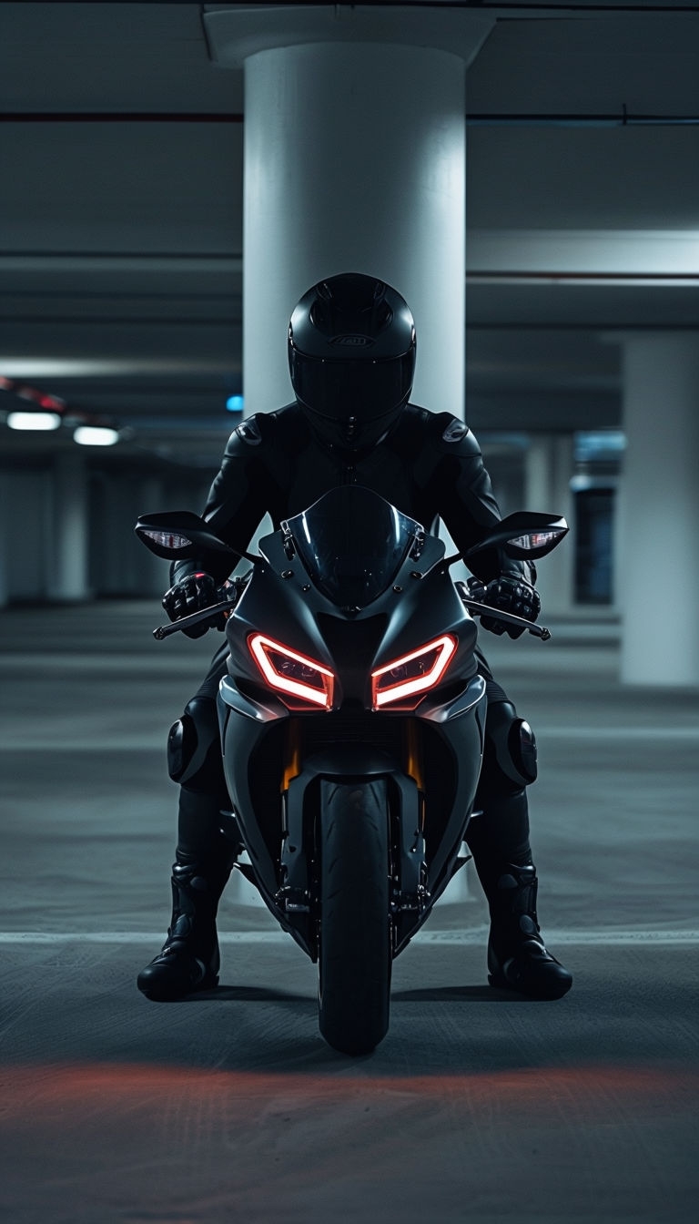 Mysterious Dark Sports Motorcycle in Dimly Lit Garage Mobile Wallpaper