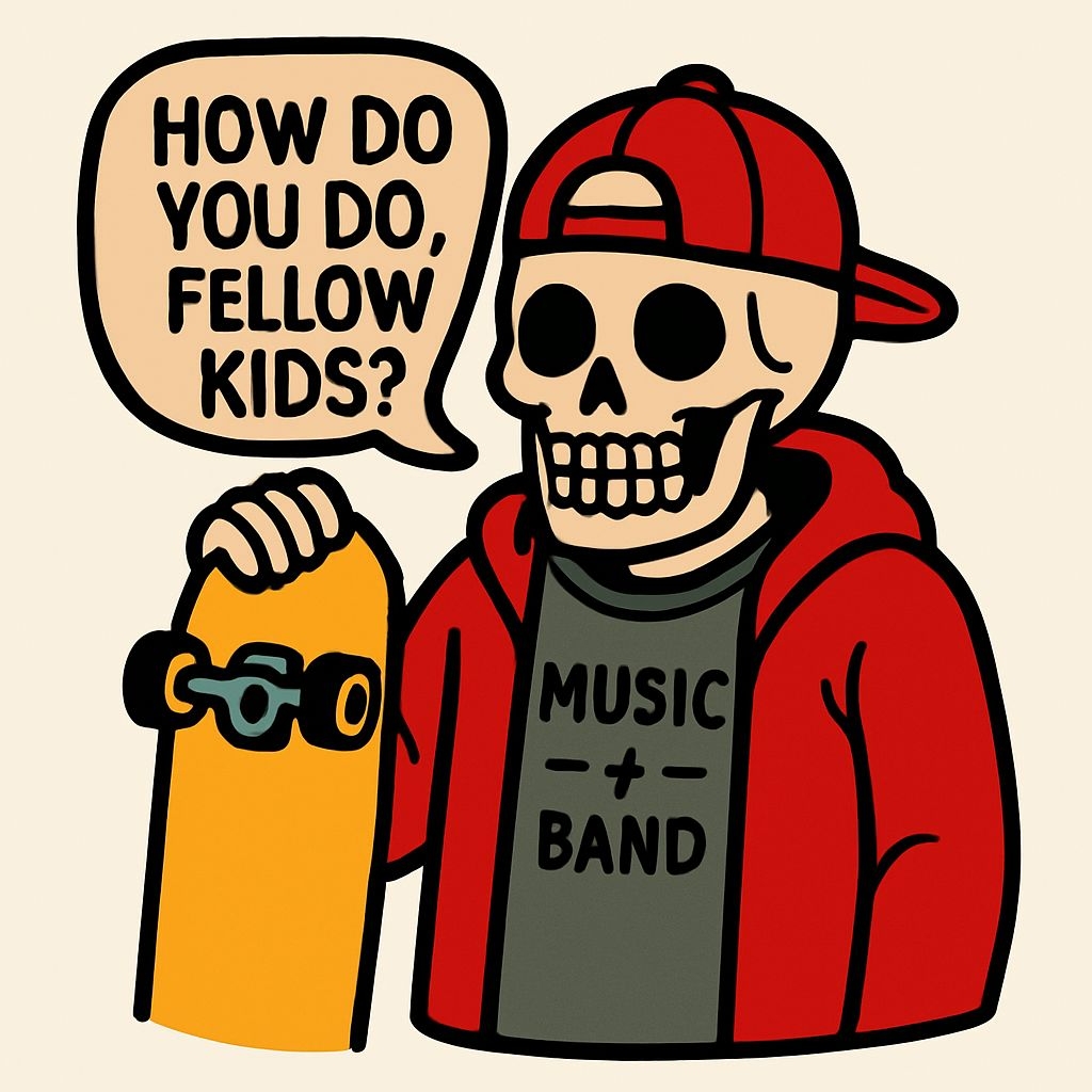 Playful Skeleton with Skateboard and Speech Bubble Sticker