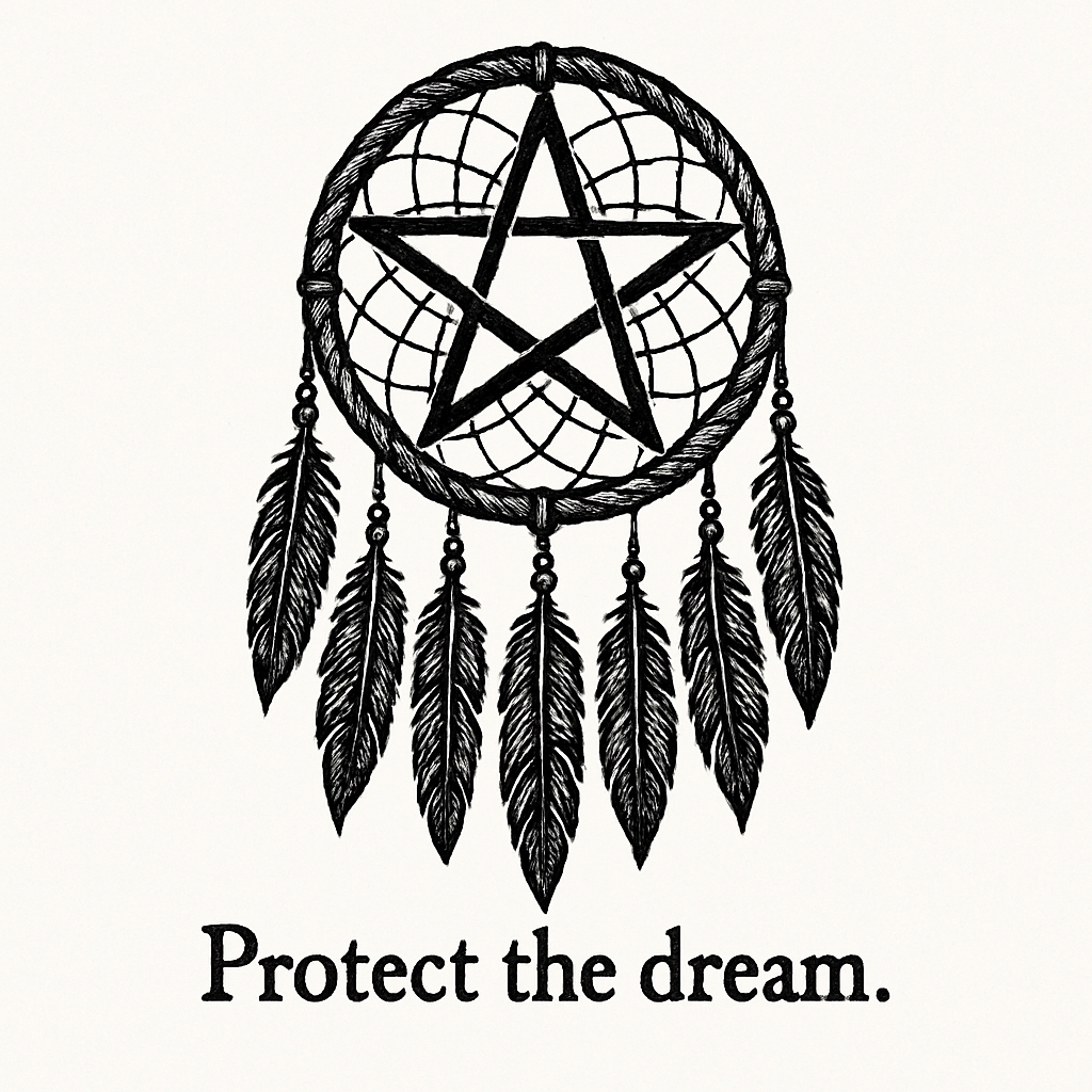 Black and White Dreamcatcher with Pentagram and Protect the Dream T-Shirt
