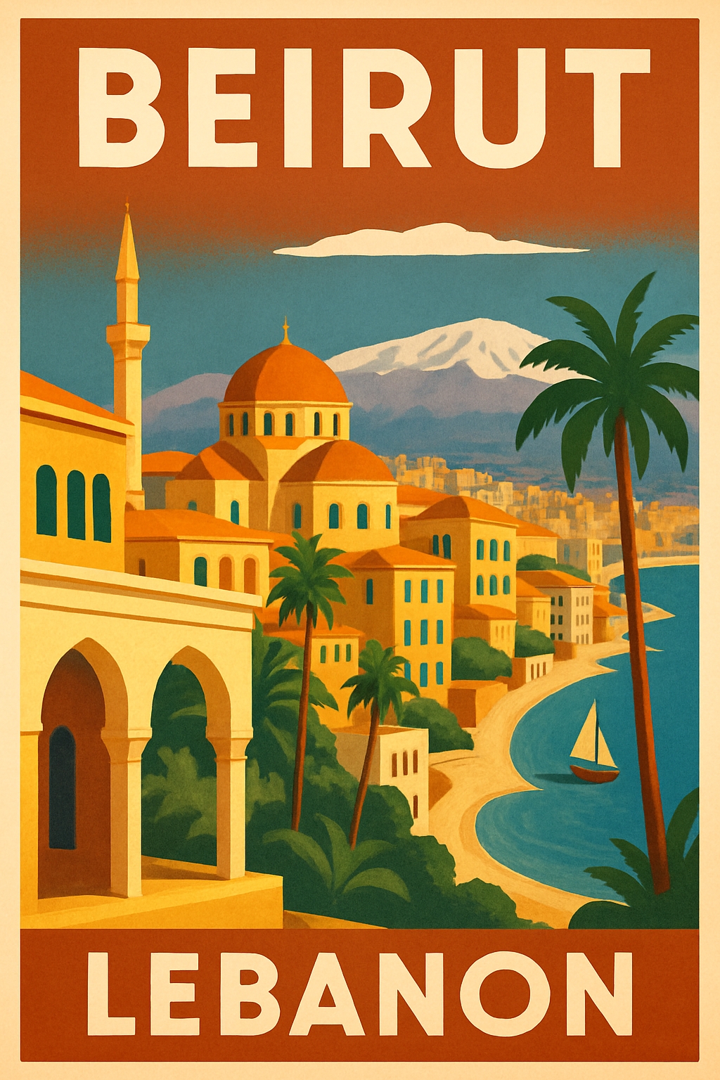 Vintage Beirut Travel Poster Showcasing Coastal Architecture and Nature