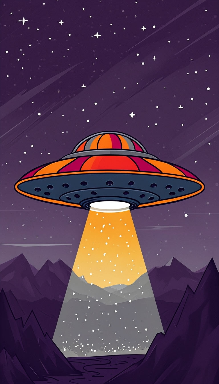 Vibrant Cartoon UFO Over Mysterious Mountain Landscape Mobile Wallpaper