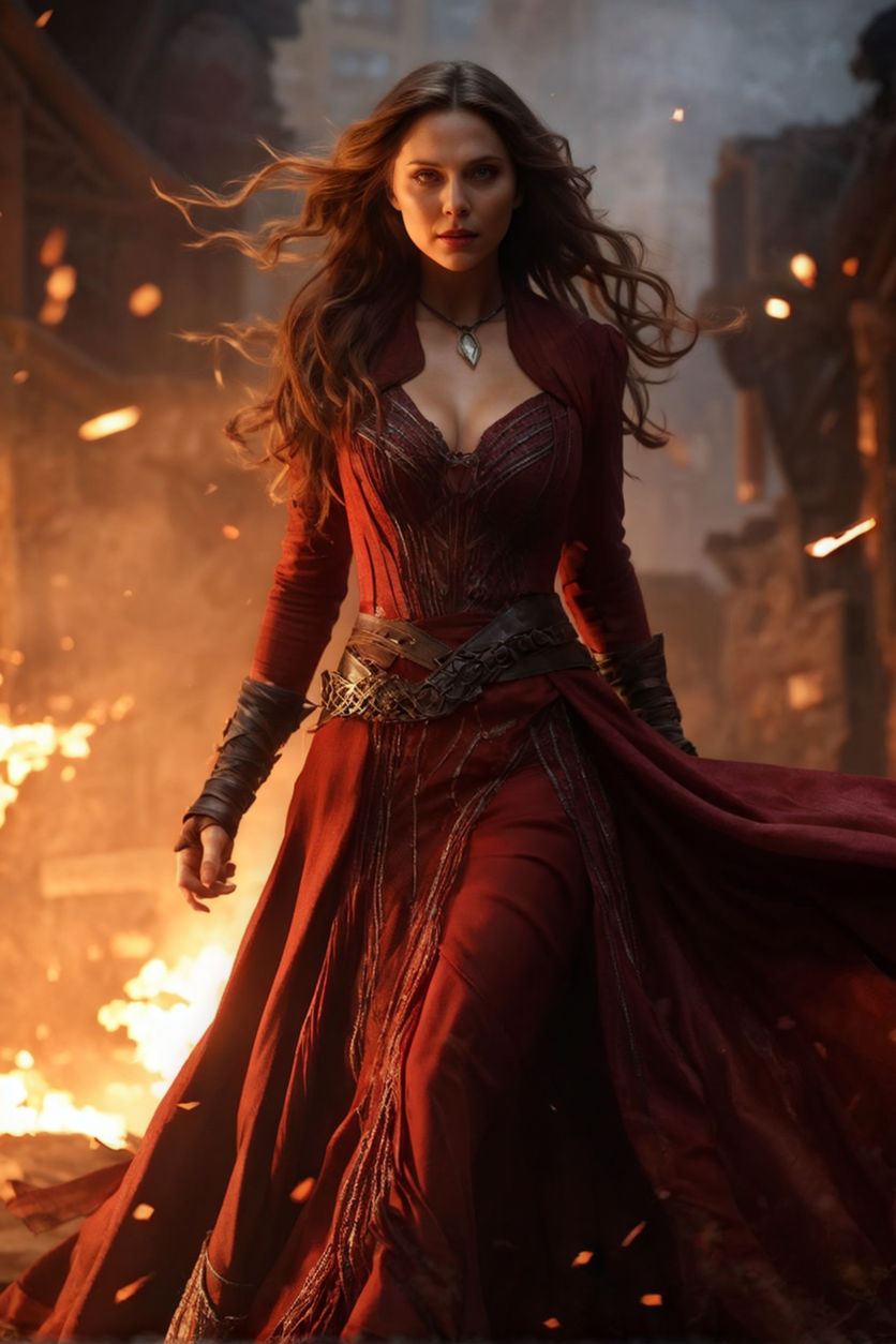 Actress Elizabeth Olsen wearing as character Scarlet Witch with big breasts  and big ass