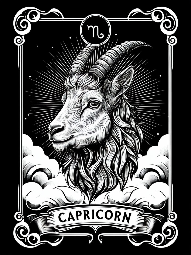 Intricate Black and White Capricorn Zodiac Illustration T-shirt