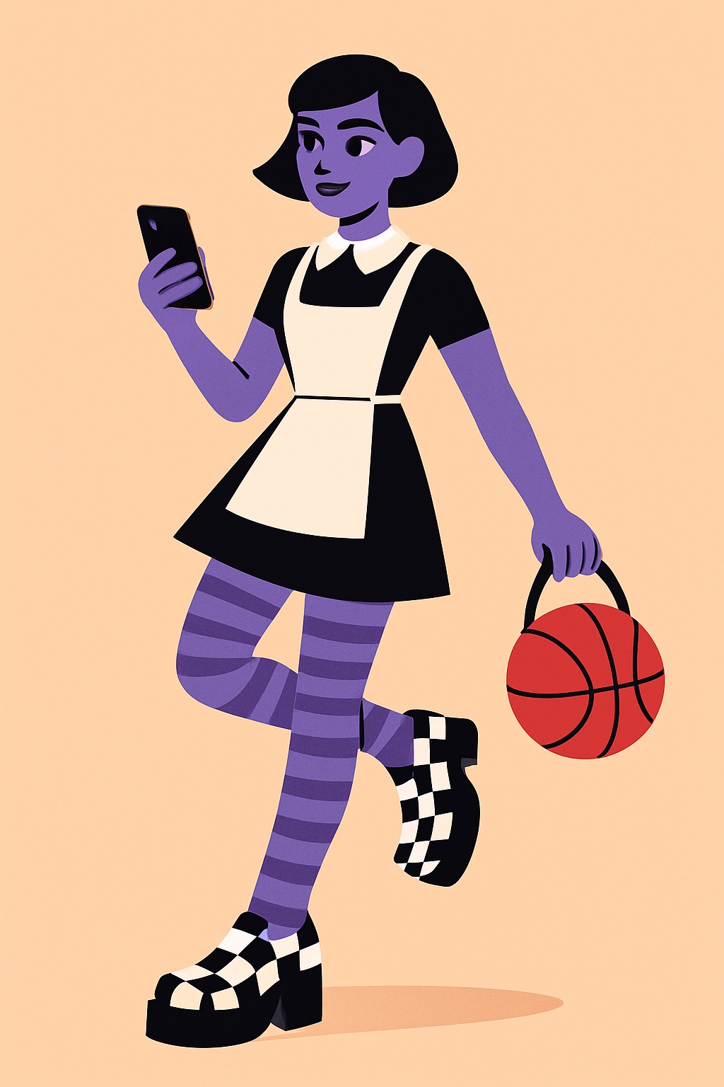 Purple-Skinned Cartoon Maid with Basketball Illustration Art