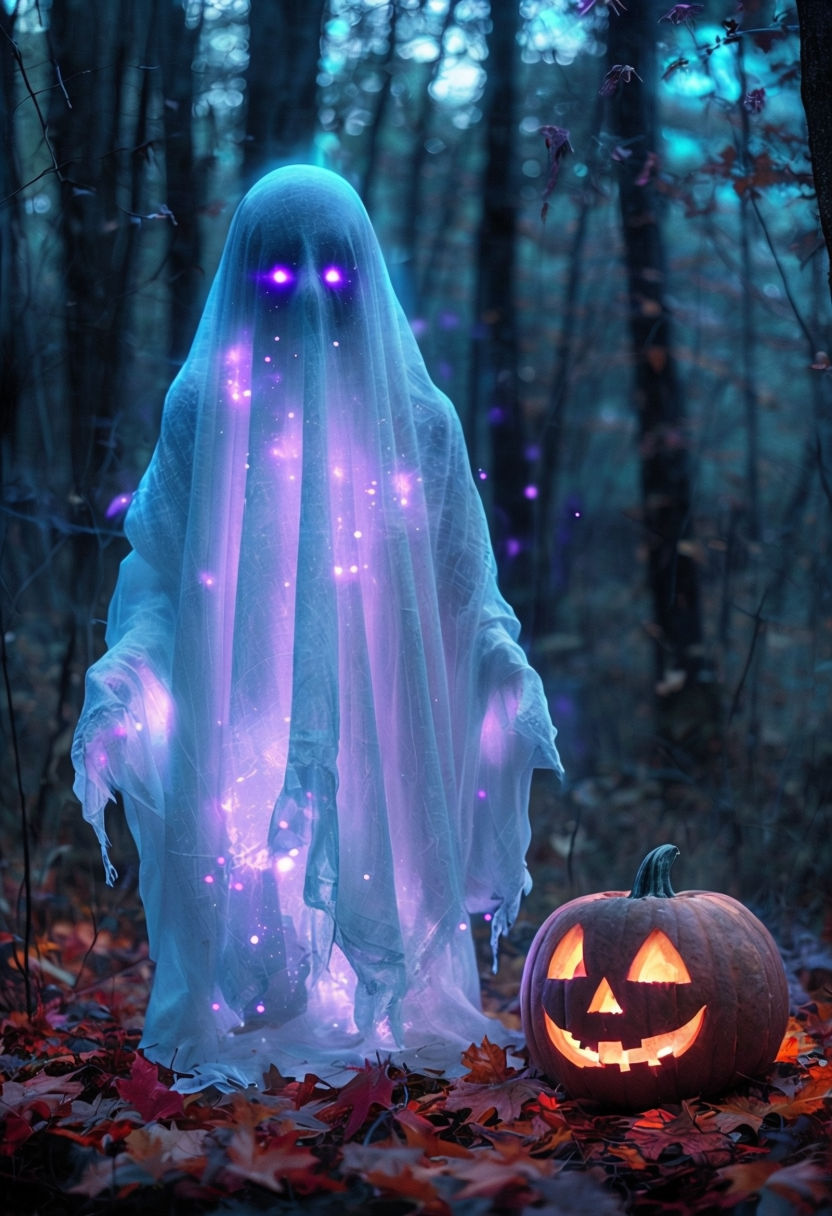 Haunting Ghost and Jack-o'-Lantern Fantasy Night Photography Poster