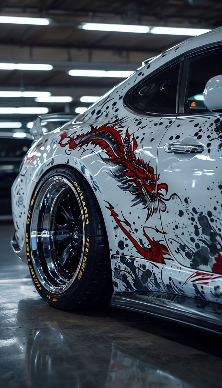 Sleek White Sports Car with Dragon Design Close-Up Mobile Wallpaper